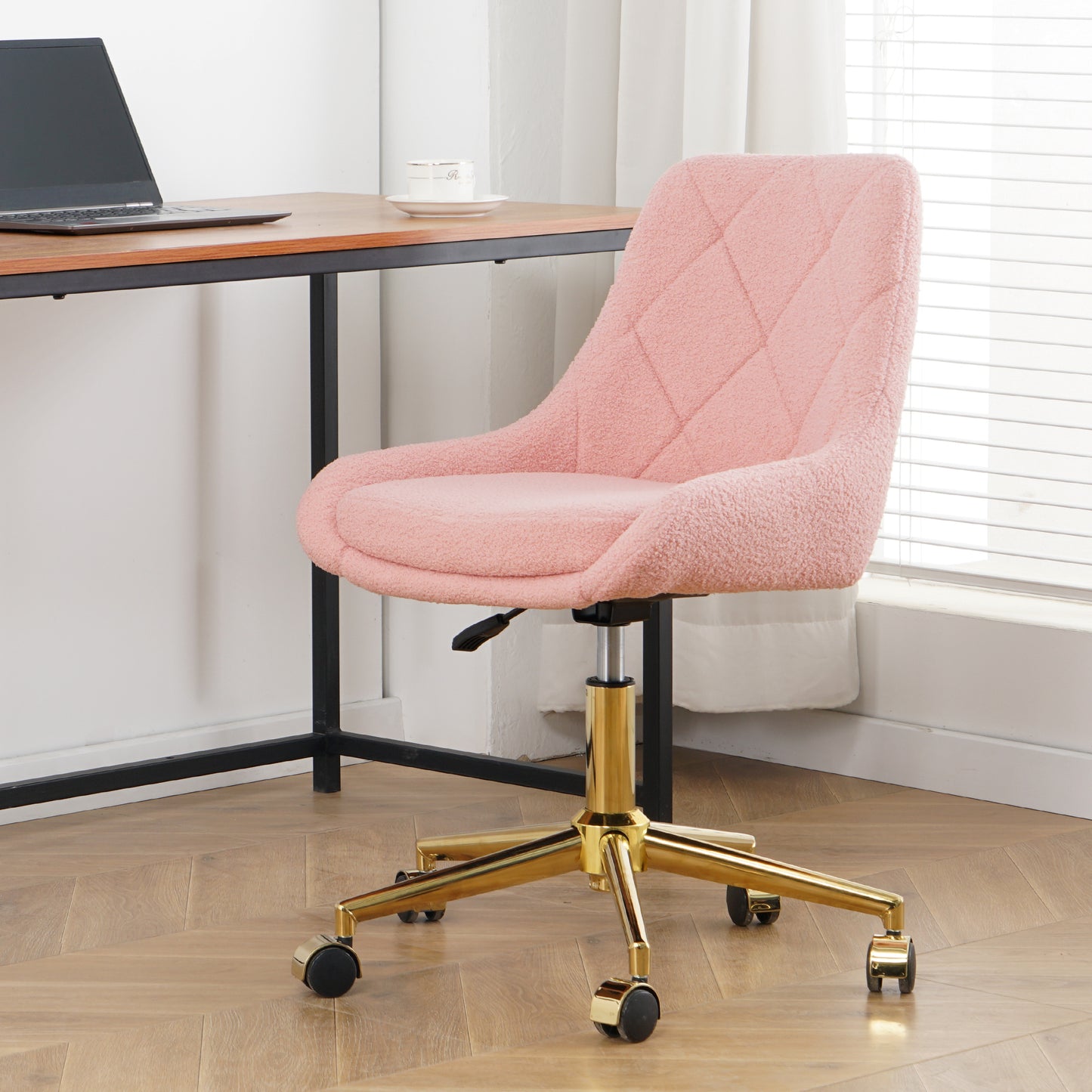 Plush Pink Tufted Office Chair with Gold Base