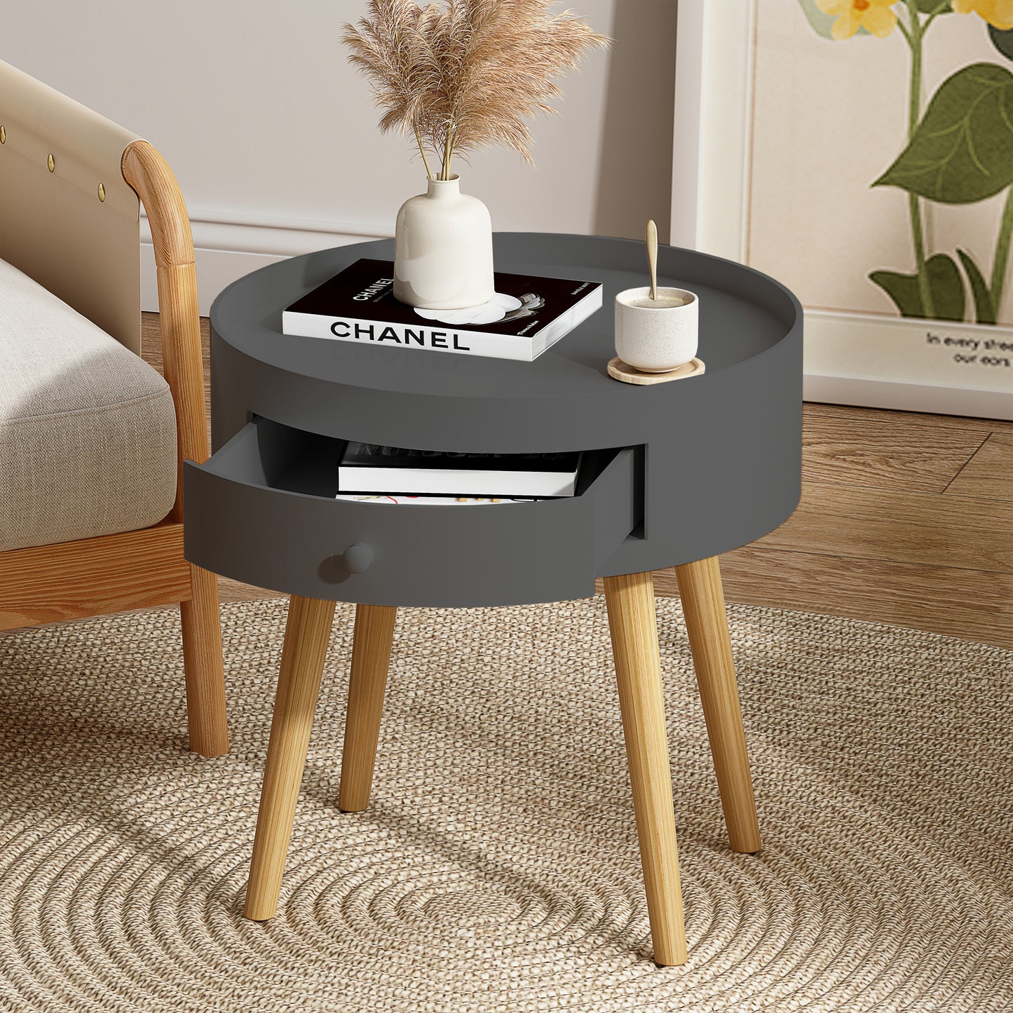 Gray Round Modern Side Table with Drawer