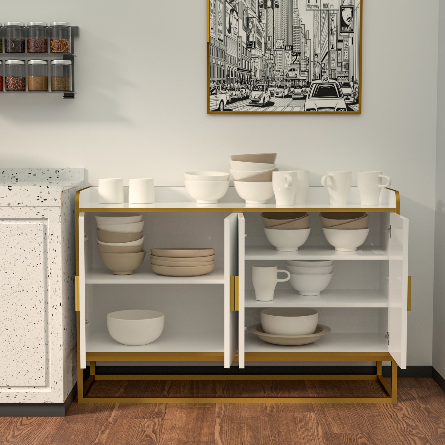 White Modern Kitchen Buffet Storage Cabinet