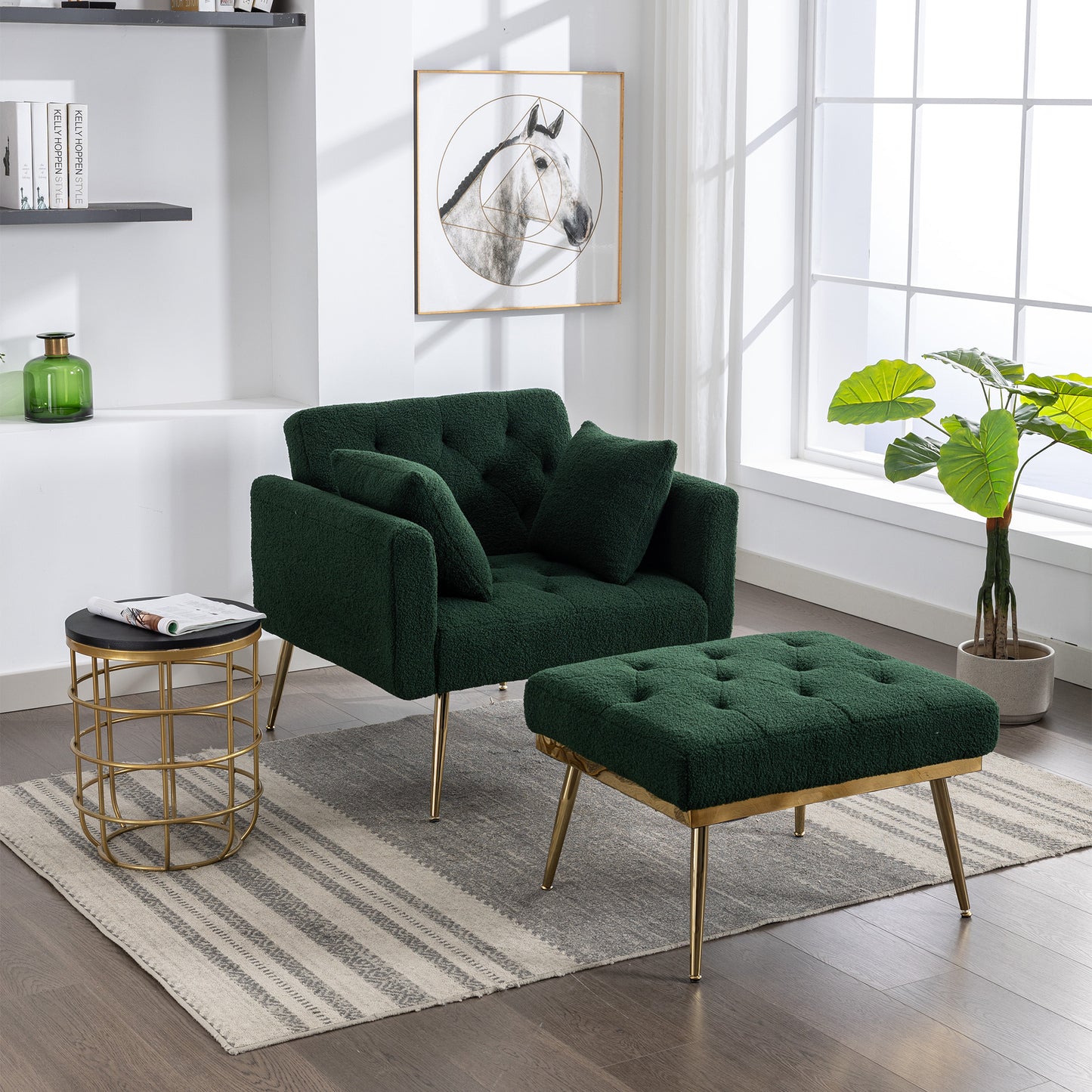 Green Wide Tufted Modern Accent Chair With Adjustable Backrest and Ottoman