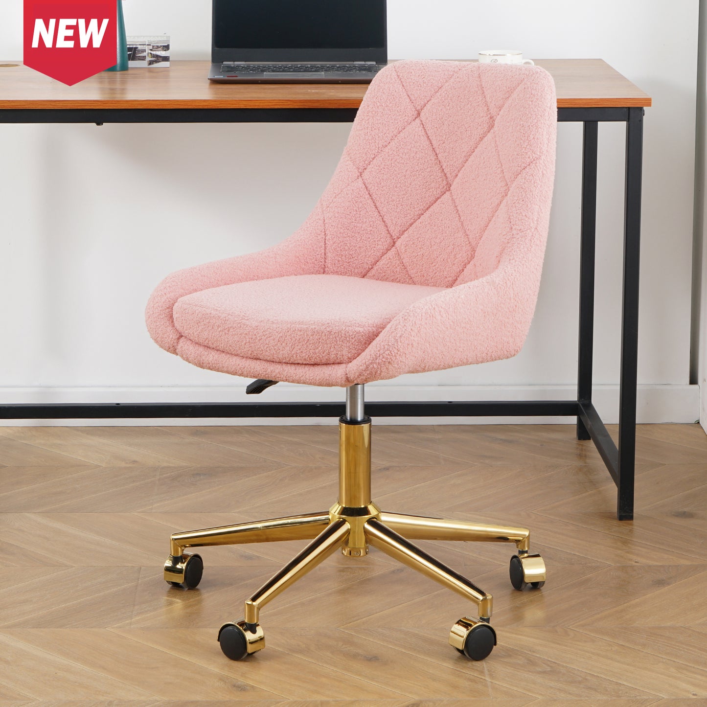 Plush Pink Tufted Office Chair with Gold Base