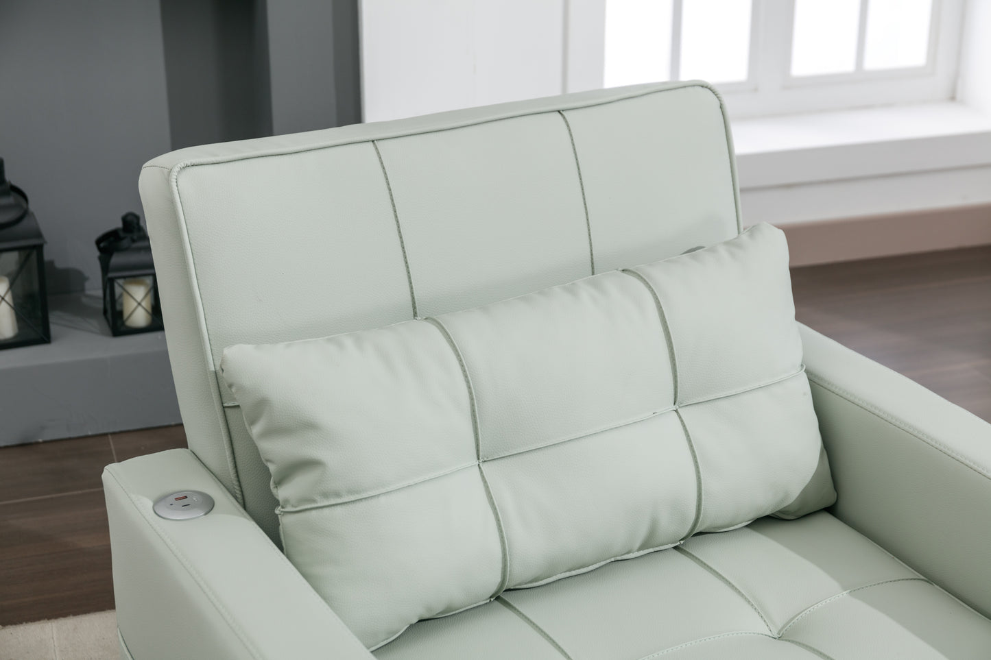 Green Leather Convertible Accent Chair 3-in-1 Pull Out Sleeper Chair with USB Ports