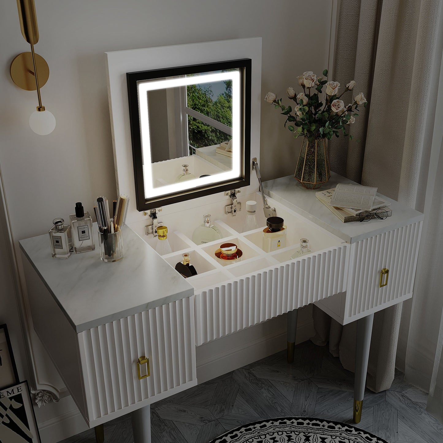 Modern Vanity Table Set with Flip-top Mirror and LED Light