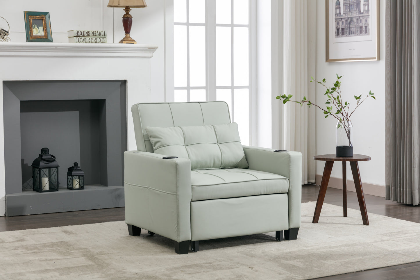 Green Leather Convertible Accent Chair 3-in-1 Pull Out Sleeper Chair with USB Ports