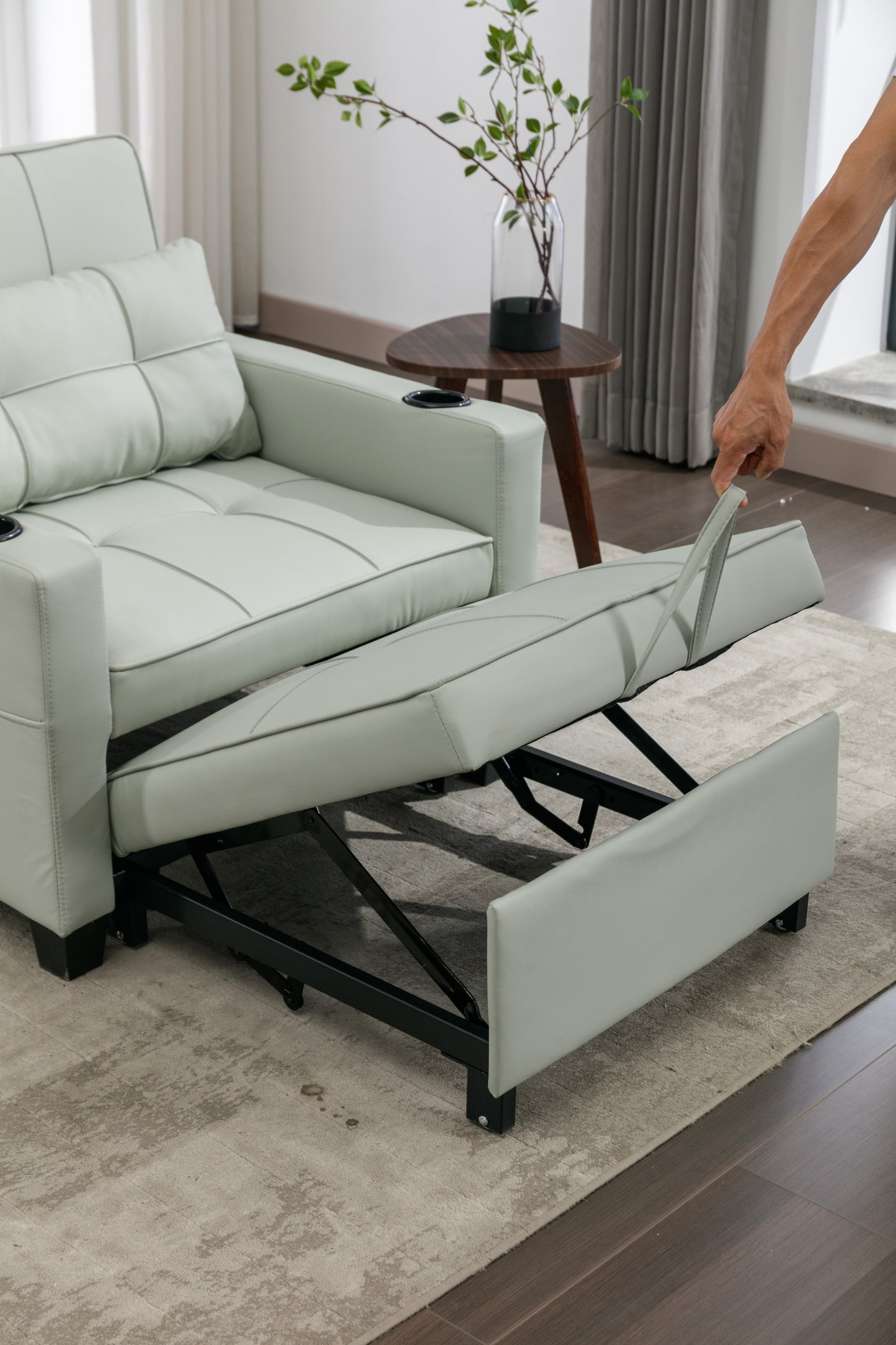 Green Leather Convertible Accent Chair 3-in-1 Pull Out Sleeper Chair with USB Ports