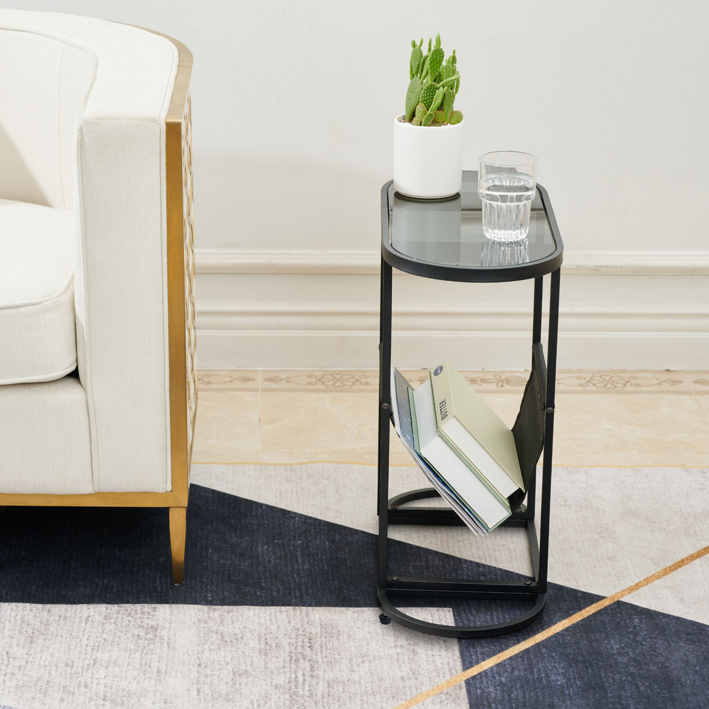 Glass Oval Small Side Tables with Magazines Organizer Storage Space (Set of 2)