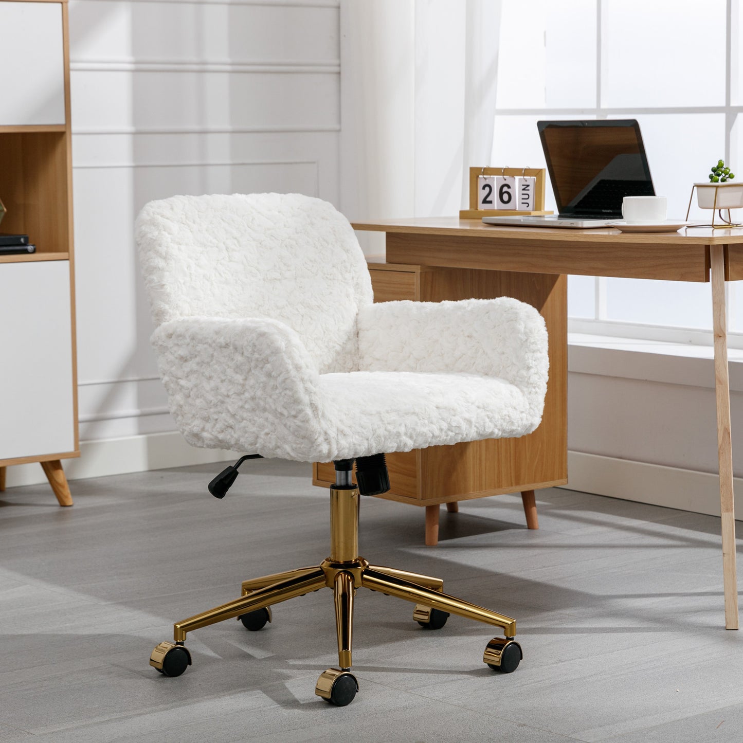 Cozy White Velvet Office Chair with Gold Base