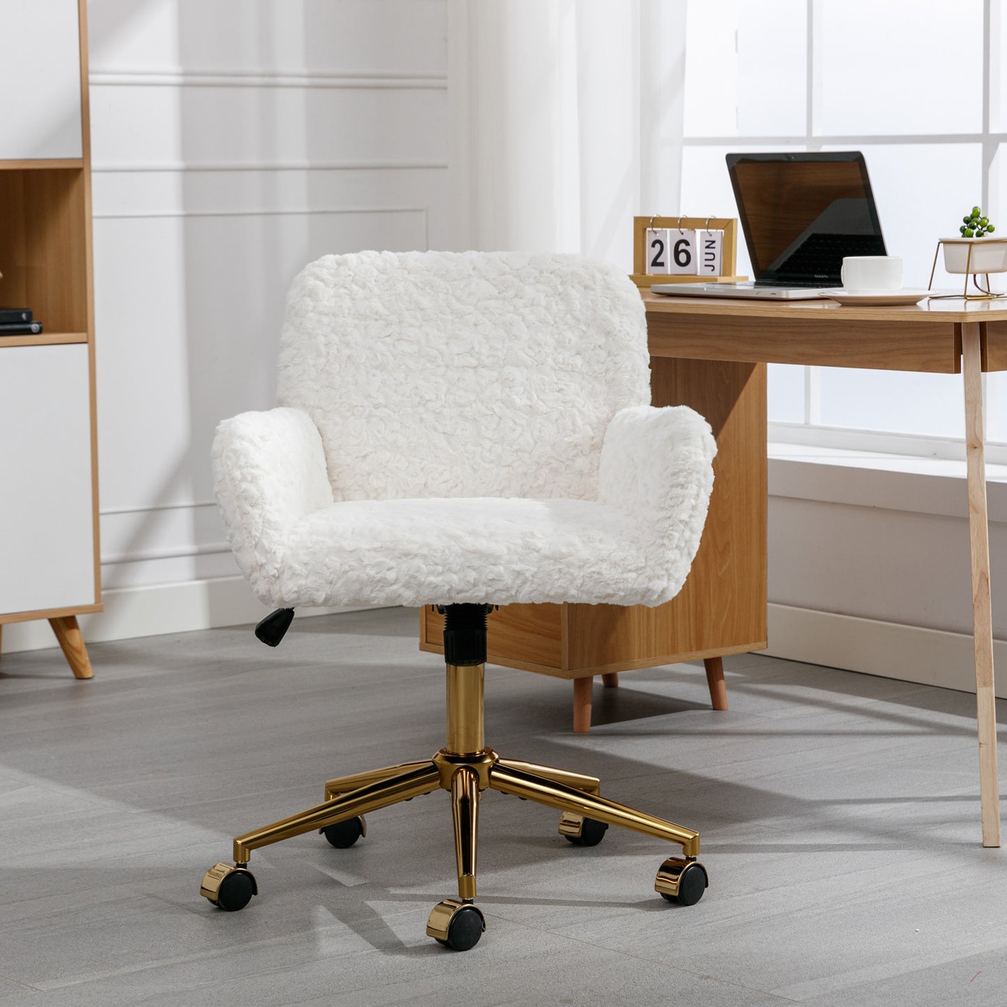 Cozy White Velvet Office Chair with Gold Base