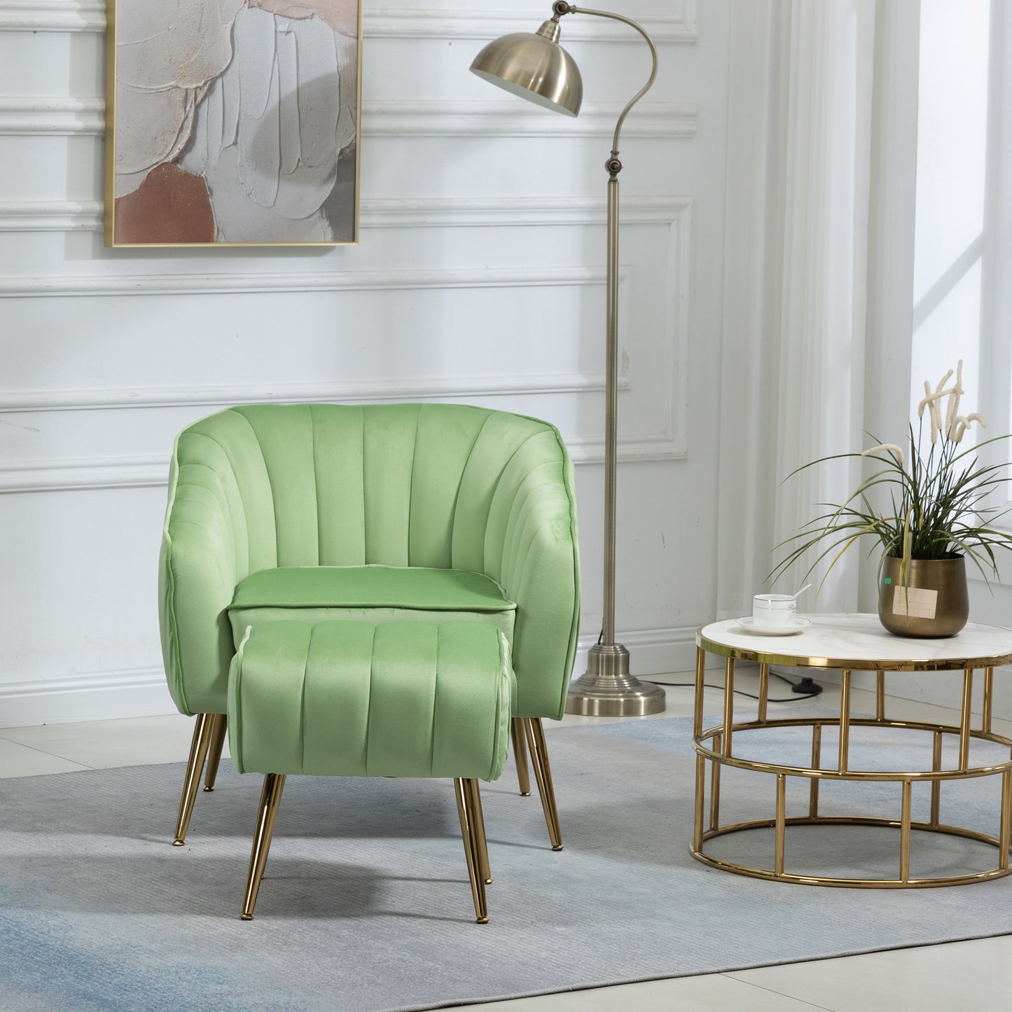 Green Tufted Velvet Accent Chair with Ottoman