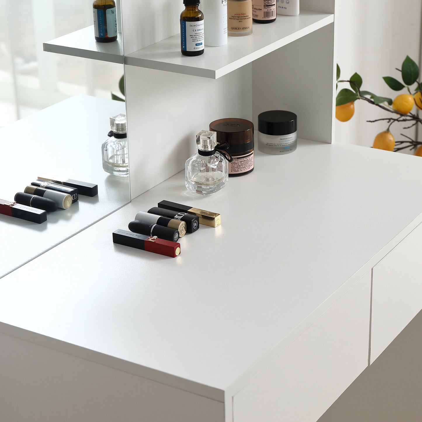 Vanity Desk with Mirror, Shelves, and Drawers