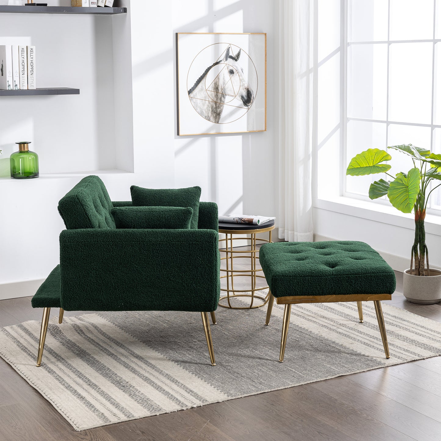 Green Wide Tufted Modern Accent Chair With Adjustable Backrest and Ottoman