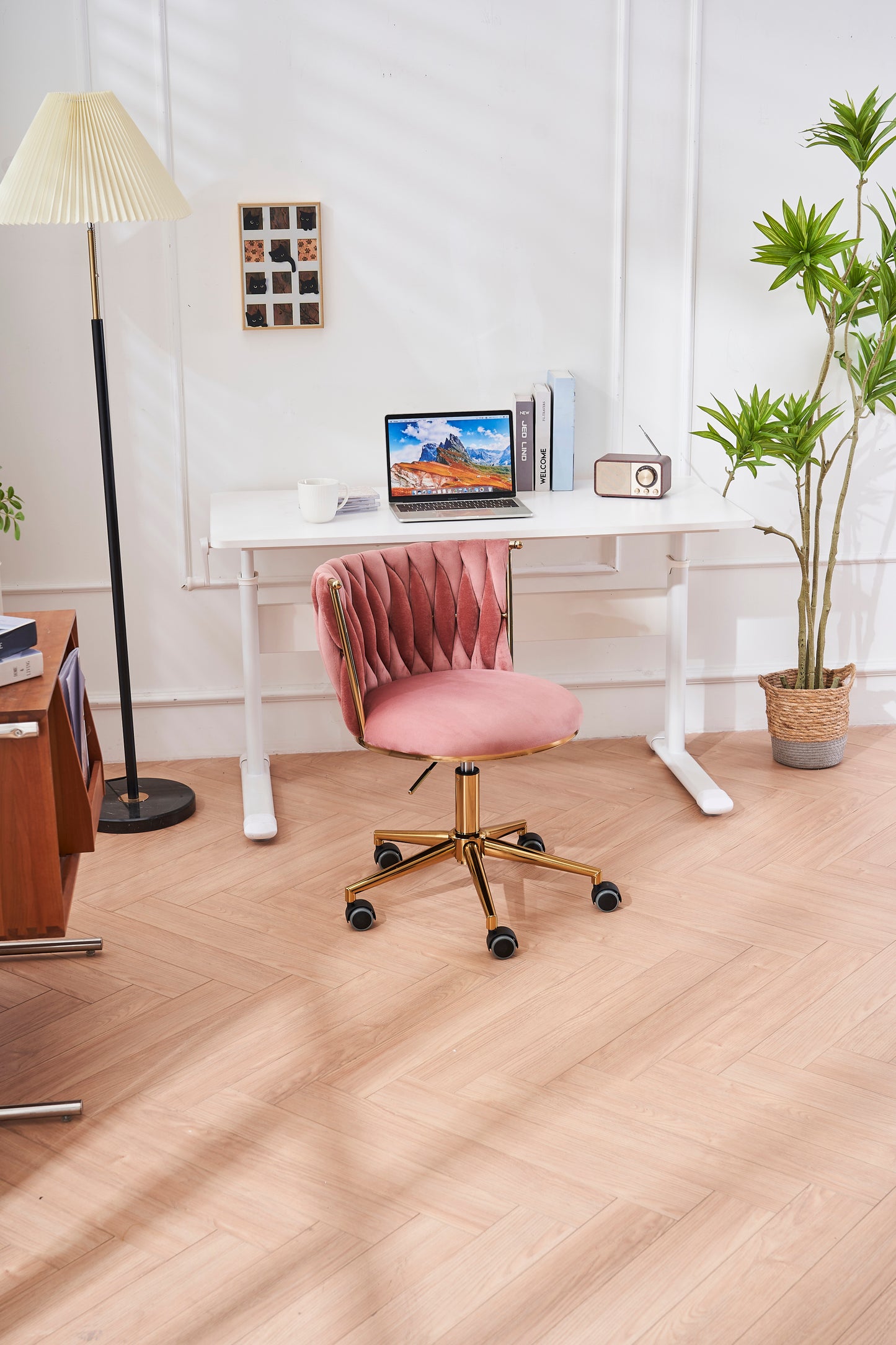 Pink Fabric Woven Office Chair with Adjustable Swivel Wheels and Gold Base