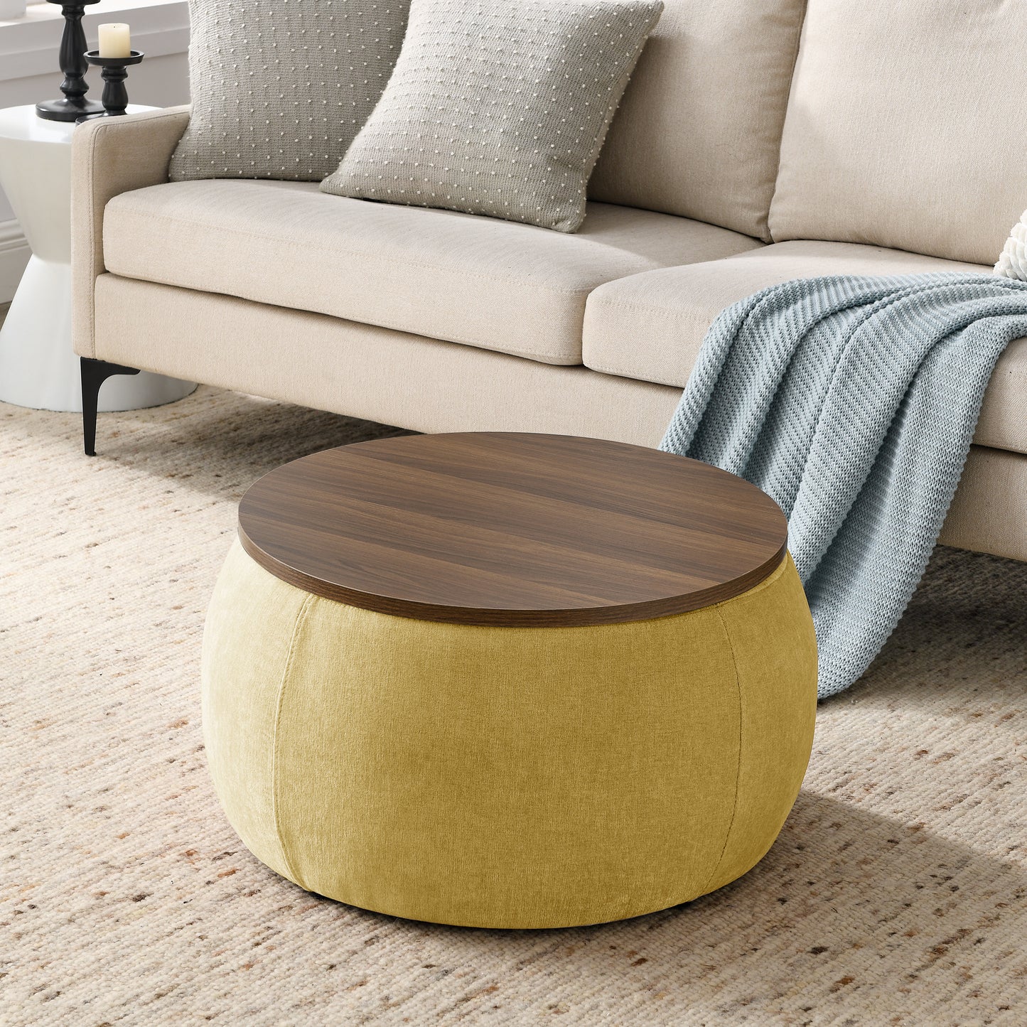 Round Storage Ottoman, Yellow