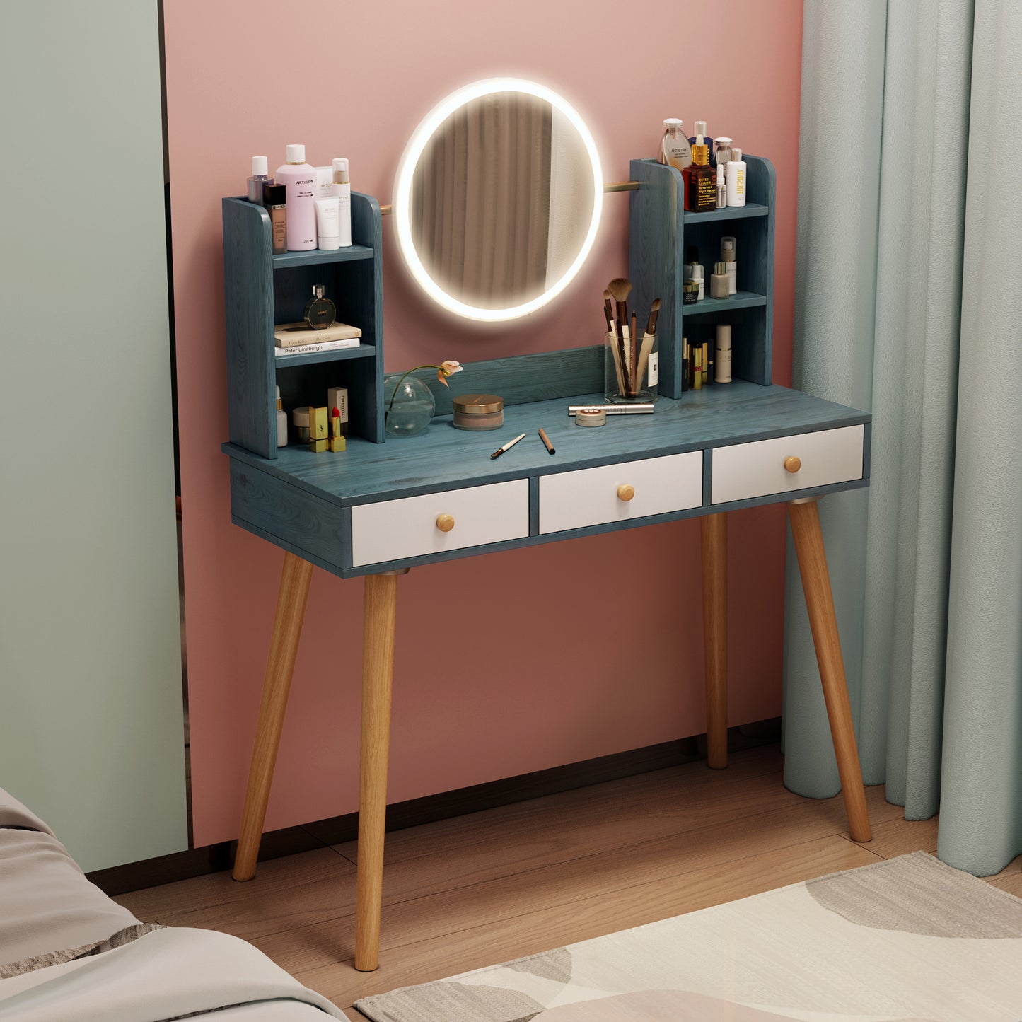 Blue Vanity Desk with Mirror and Lights