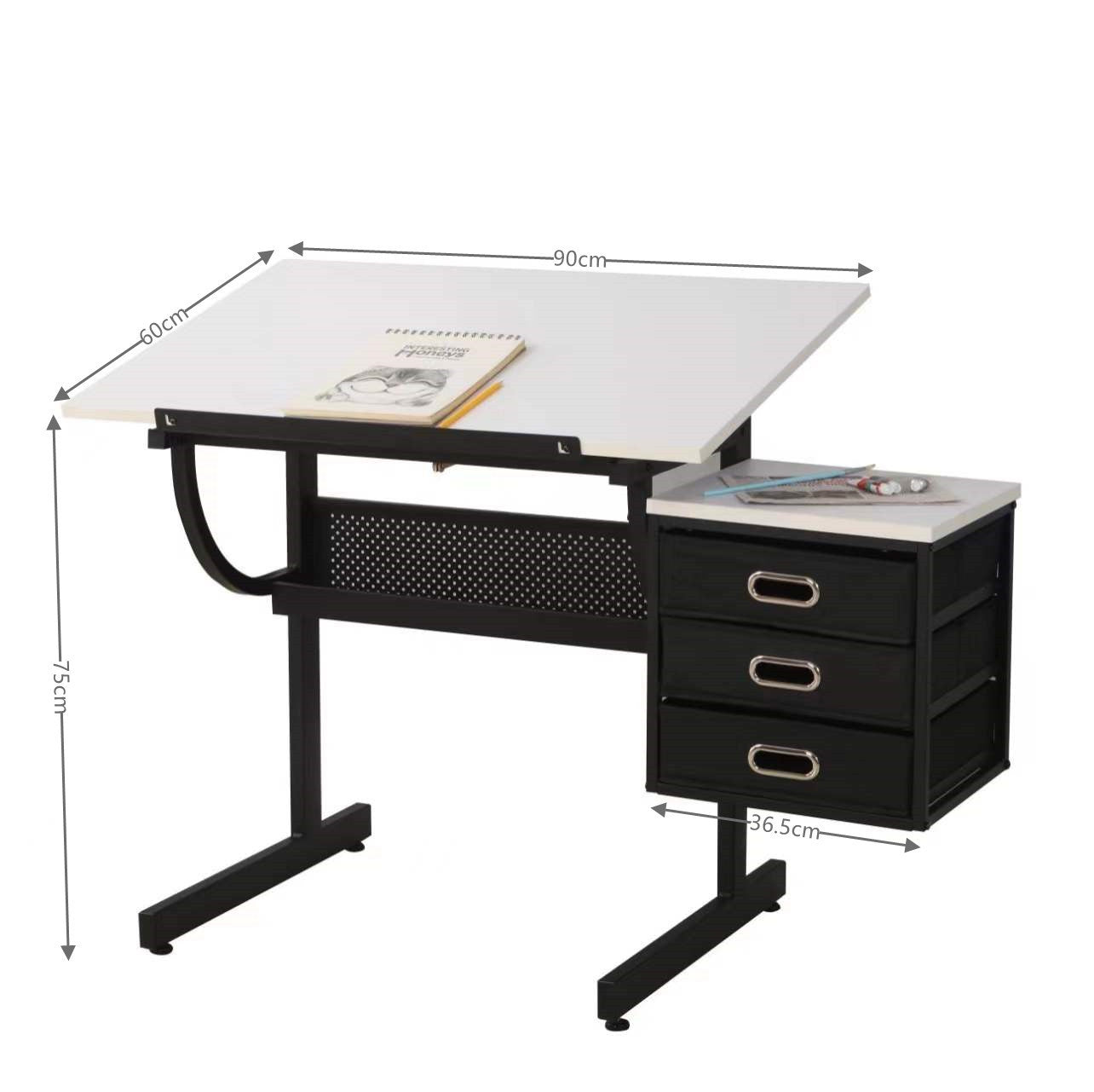 White Adjustable Drafting Table with Stool and Drawers