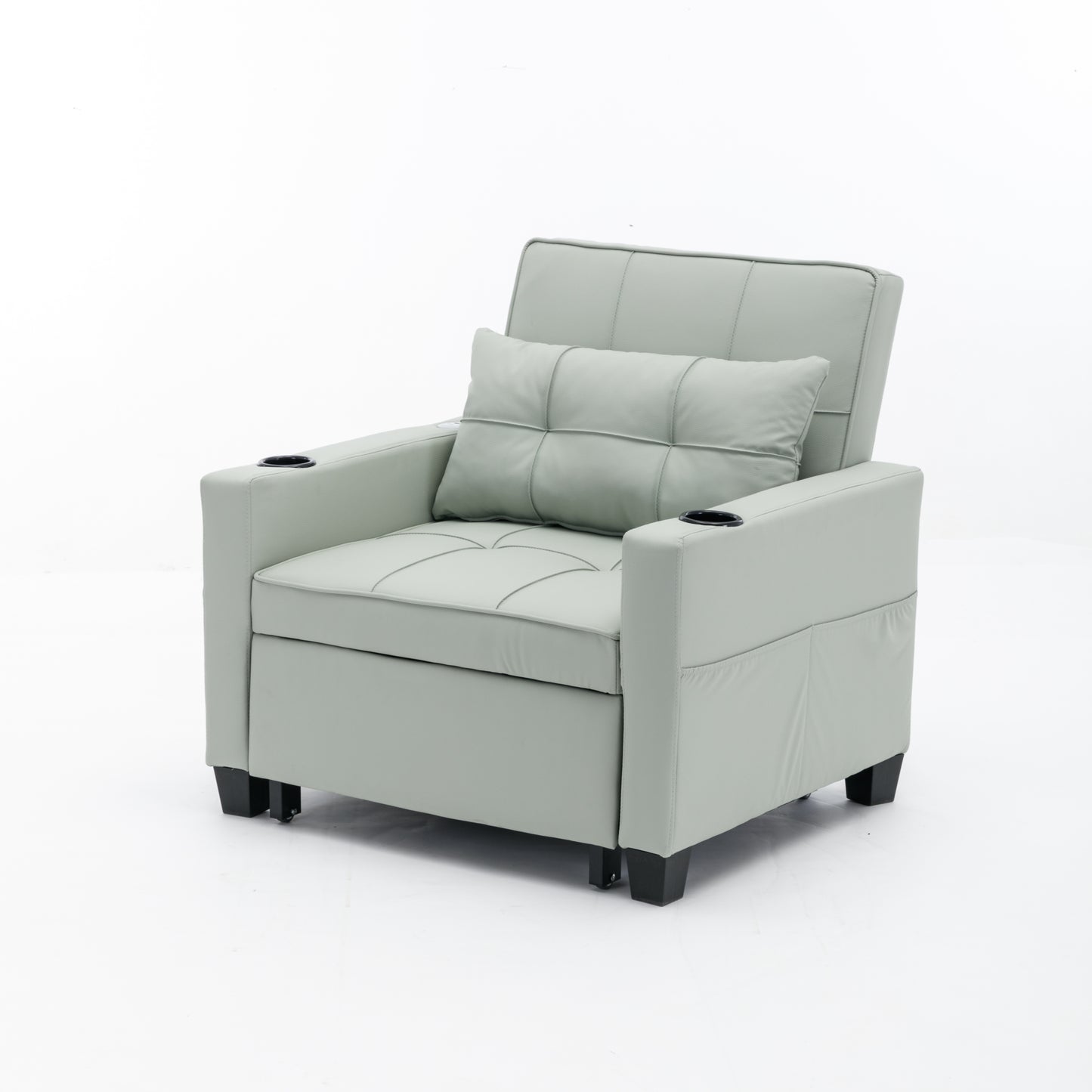 Green Leather Convertible Accent Chair 3-in-1 Pull Out Sleeper Chair with USB Ports