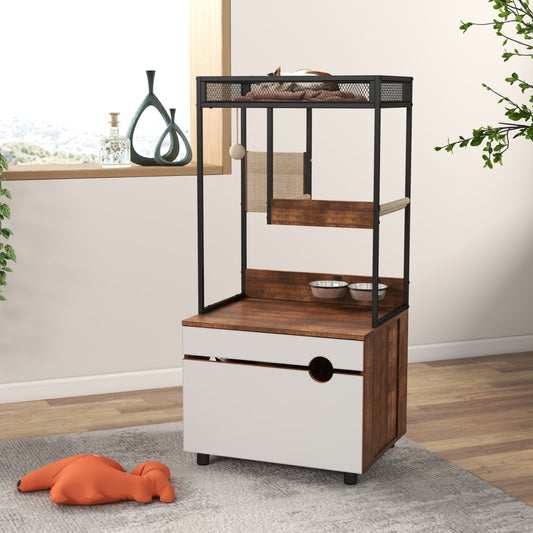 Cat Litter Box Enclosure with Cat Tree Tower, White + Walnut