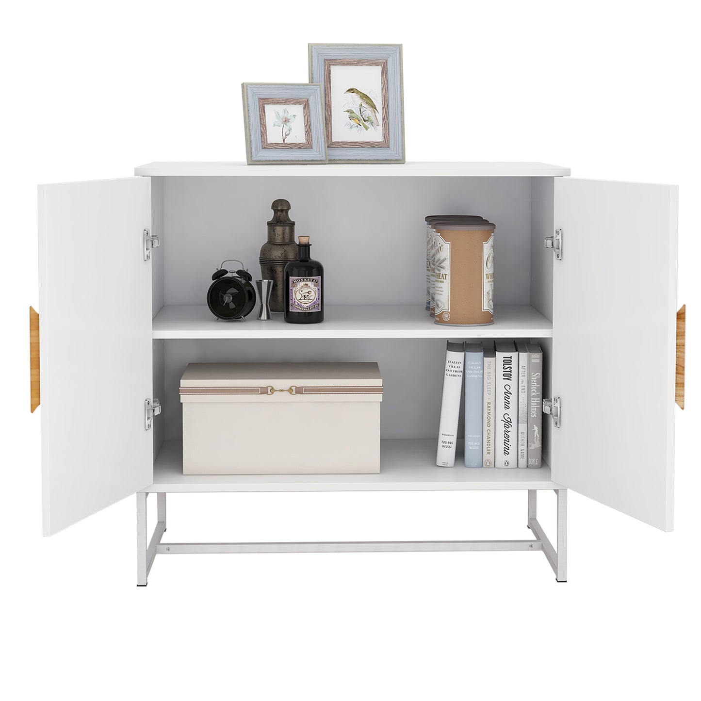 Minimalist White Storage Cabinet with Wood Handle