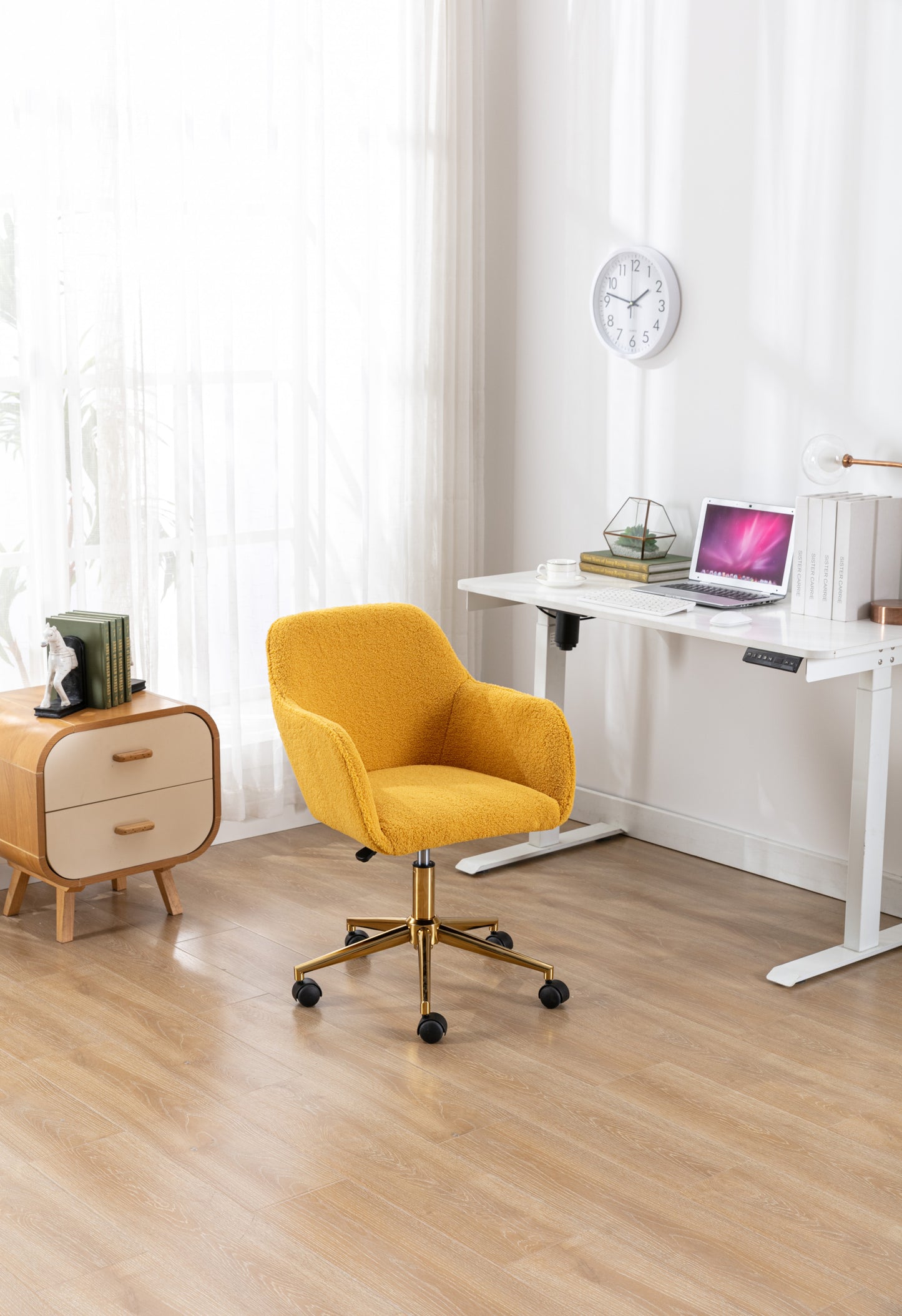 Modern Yellow Plush Fabric Home Office Chair with Wheels