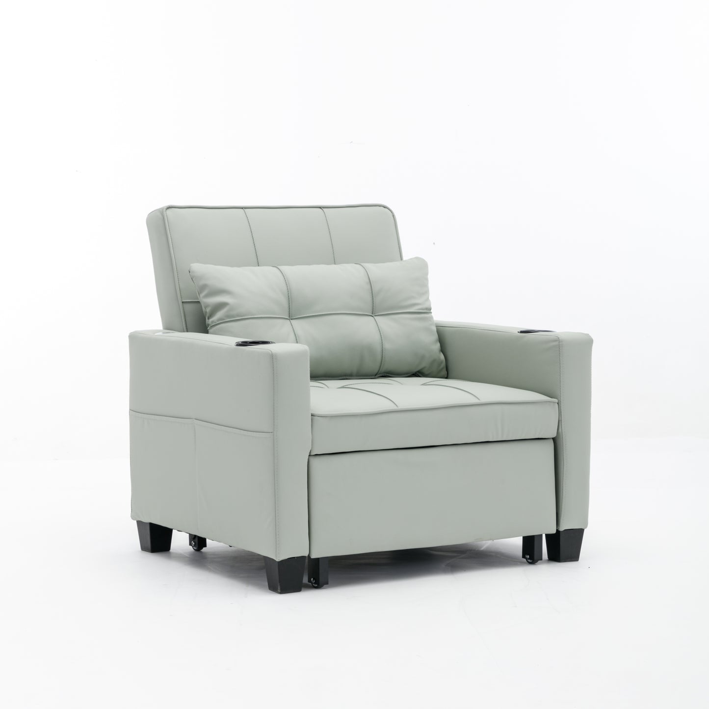 Green Leather Convertible Accent Chair 3-in-1 Pull Out Sleeper Chair with USB Ports