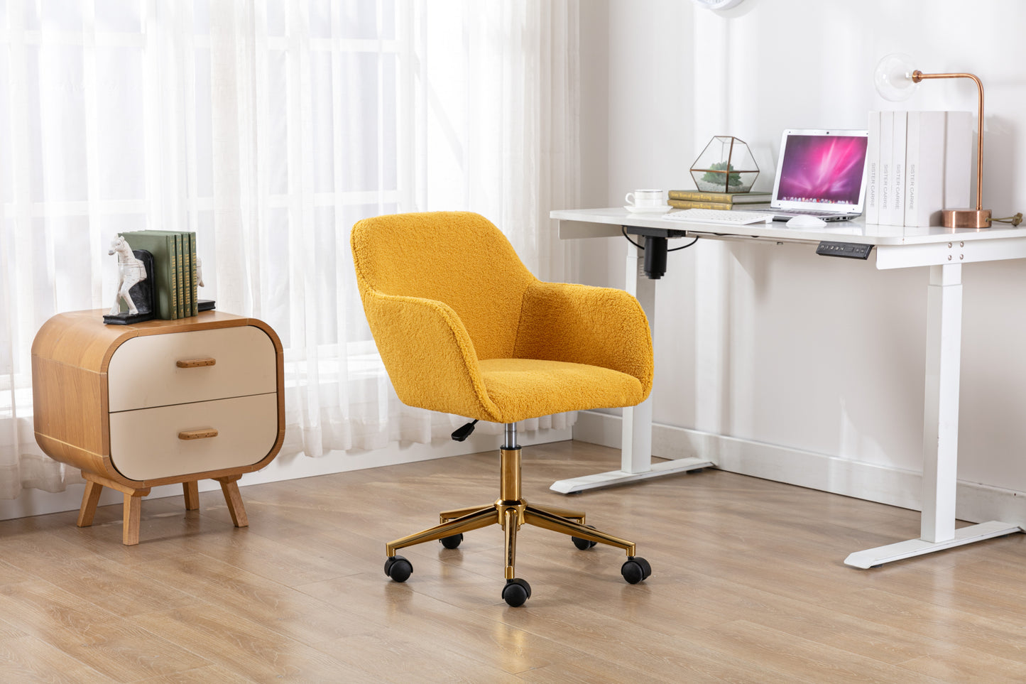 Modern Yellow Plush Fabric Home Office Chair with Wheels