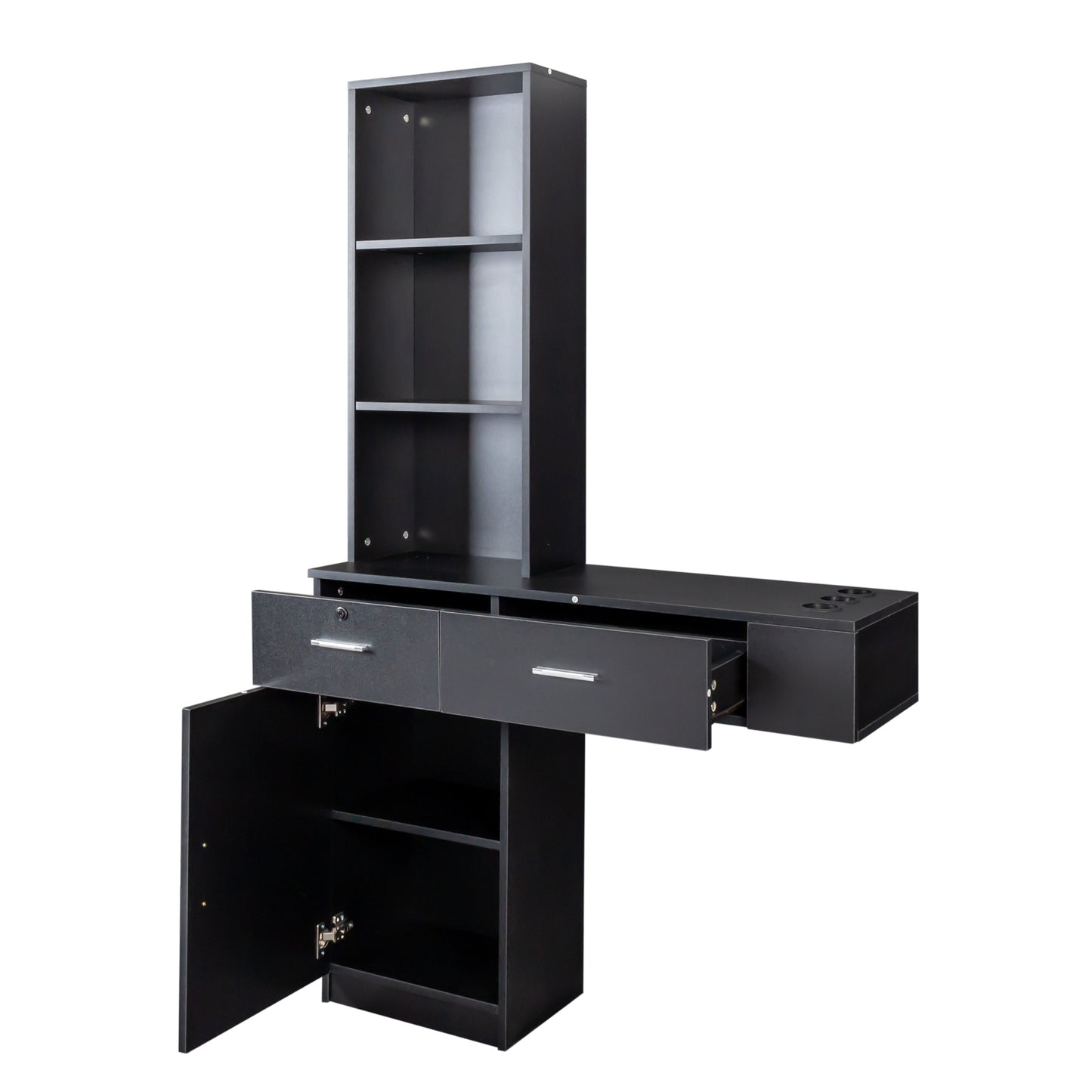 Black Modern Vanity with Shelves and Hair Styling Tool Storage