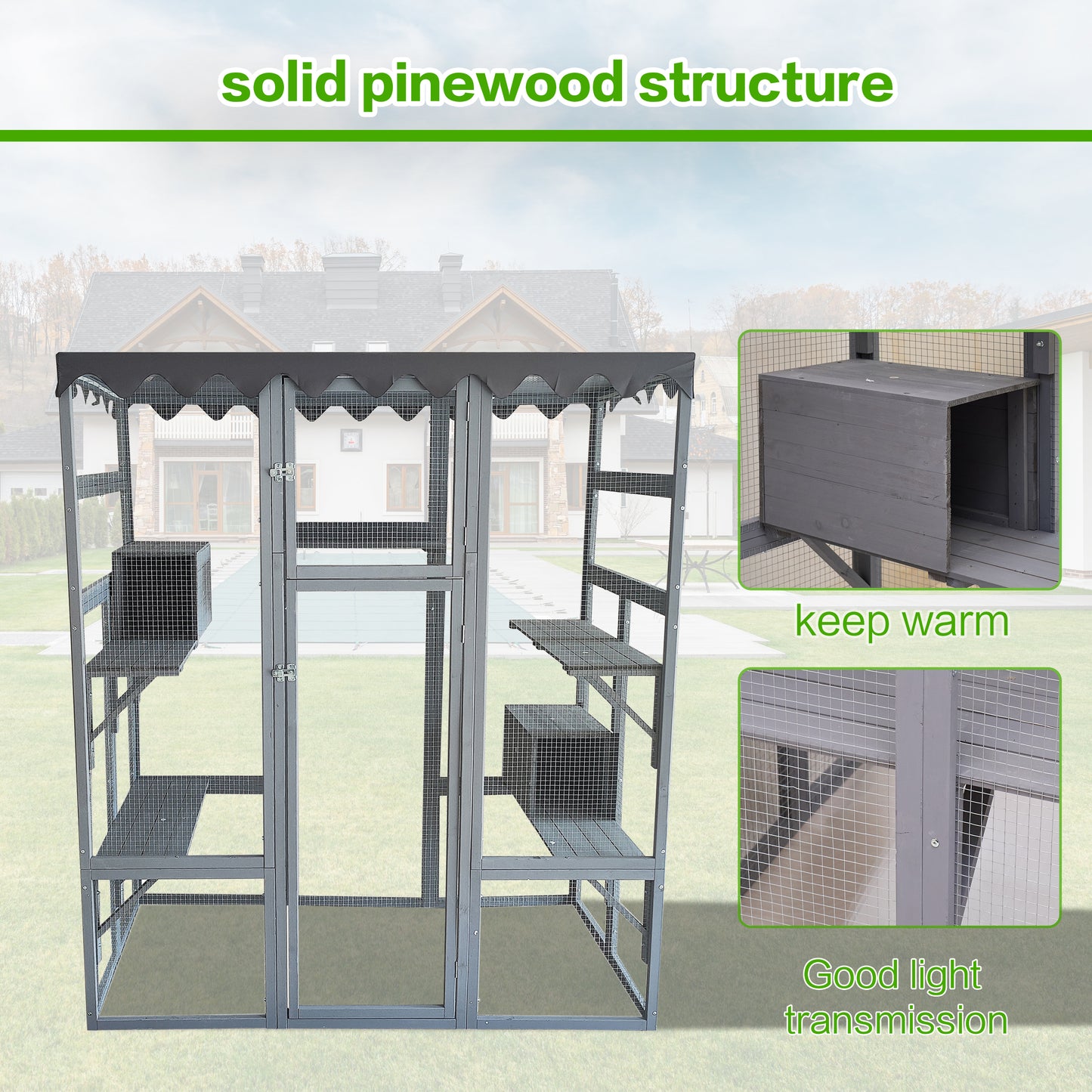 Outdoor Cat House Big Catio Wooden Feral Cat Shelter Enclosure with Large Spacious Interior, 6 High Ledges, Weather Protection Asphalt Roof