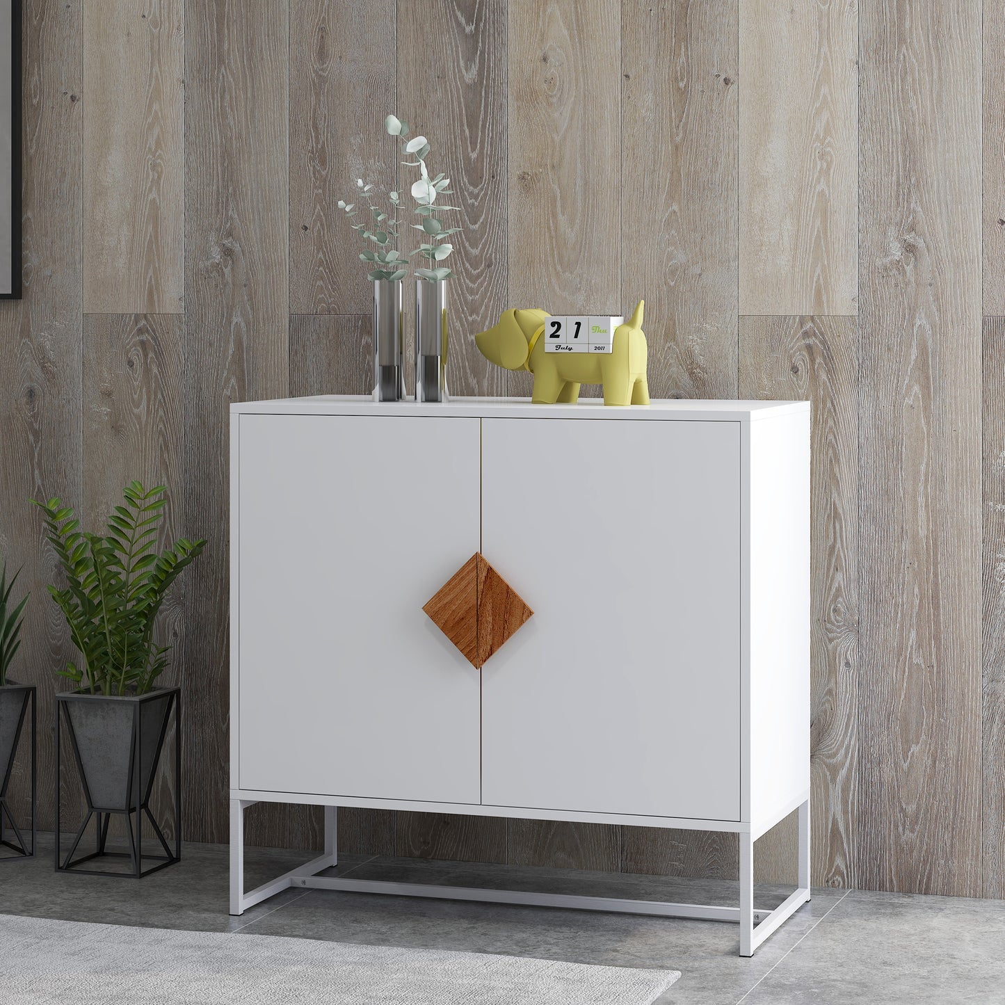 Minimalist White Storage Cabinet with Wood Handle