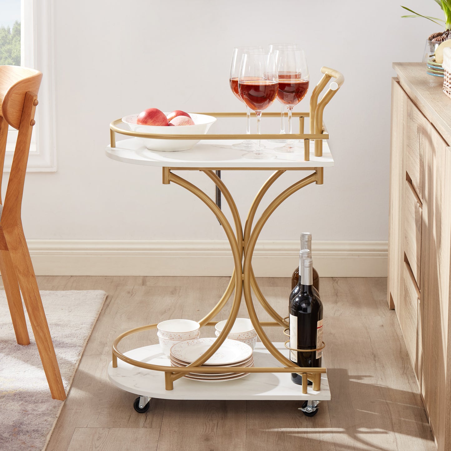 2-Tier Bar Cart with Gold Trim