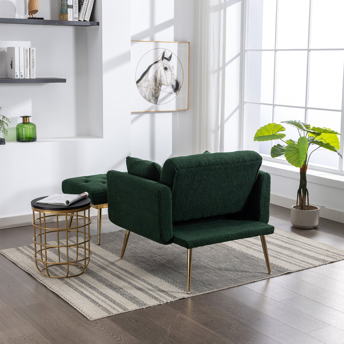 Green Wide Tufted Modern Accent Chair With Adjustable Backrest and Ottoman