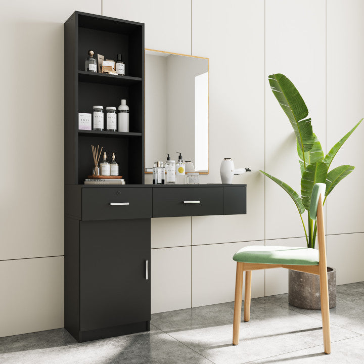 Black Modern Vanity with Shelves and Hair Styling Tool Storage