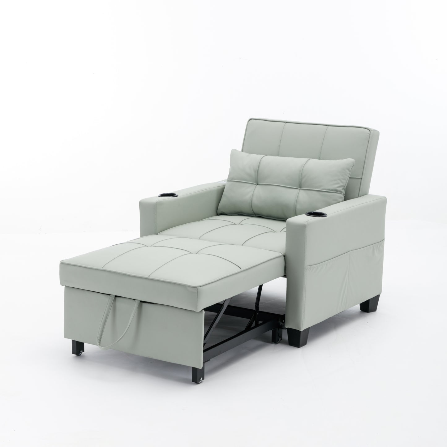 Green Leather Convertible Accent Chair 3-in-1 Pull Out Sleeper Chair with USB Ports