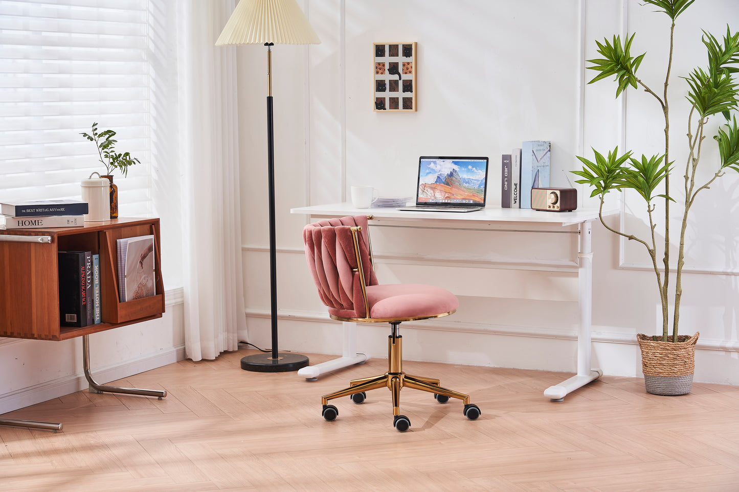 Pink Fabric Woven Office Chair with Adjustable Swivel Wheels and Gold Base