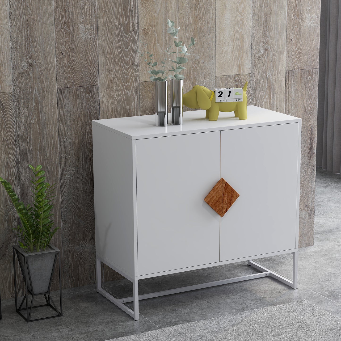 Minimalist White Storage Cabinet with Wood Handle