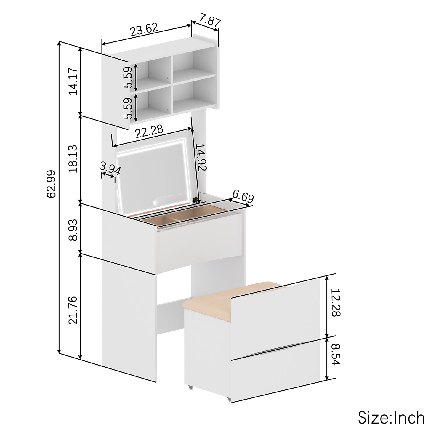 Bedroom Vanity with Storage and Illuminated Mirror