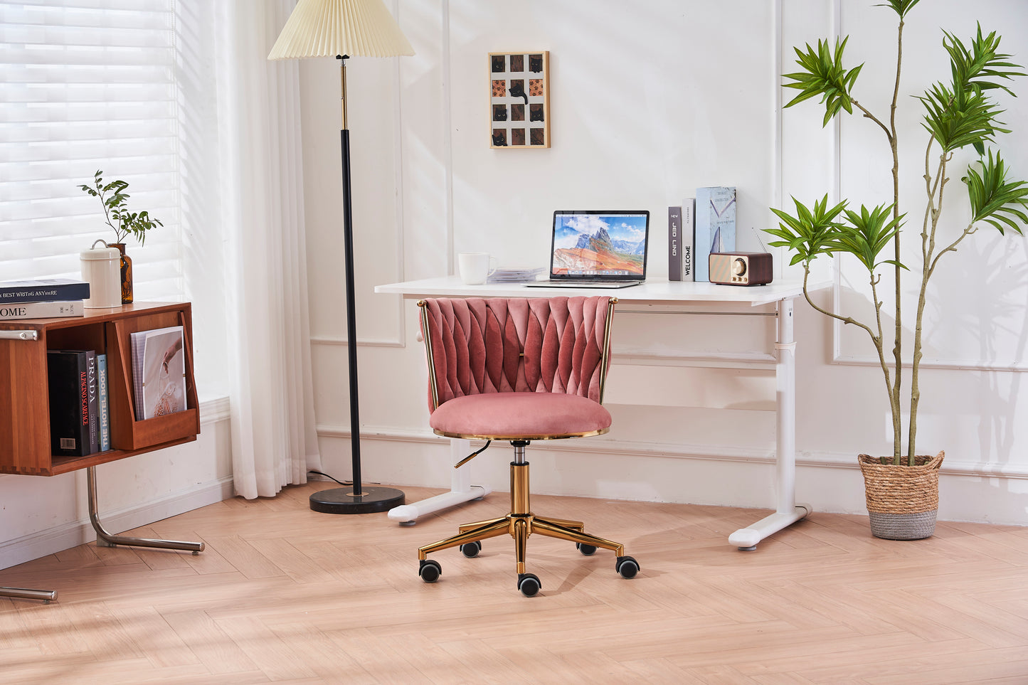 Pink Fabric Woven Office Chair with Adjustable Swivel Wheels and Gold Base