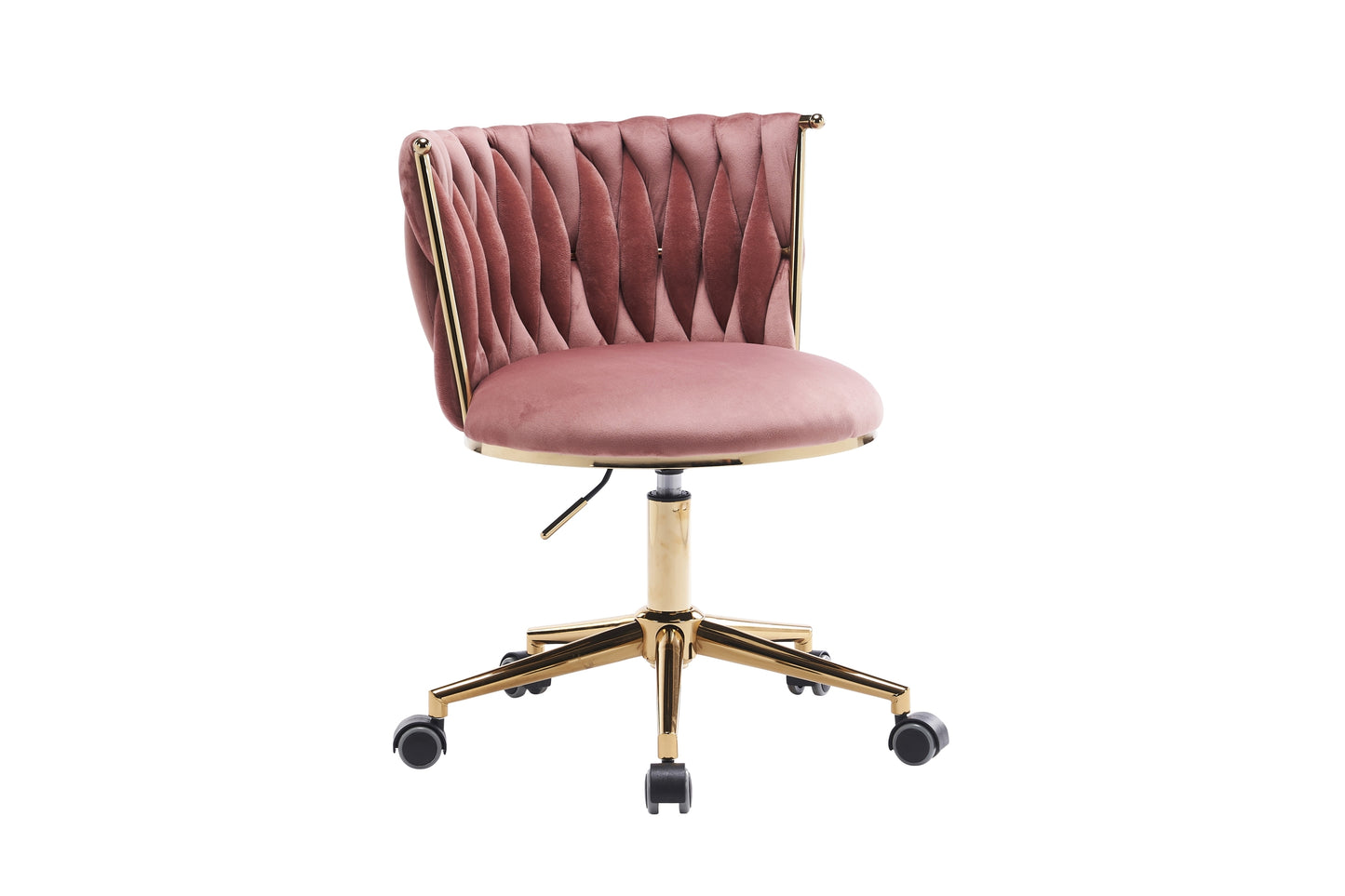 Pink Fabric Woven Office Chair with Adjustable Swivel Wheels and Gold Base