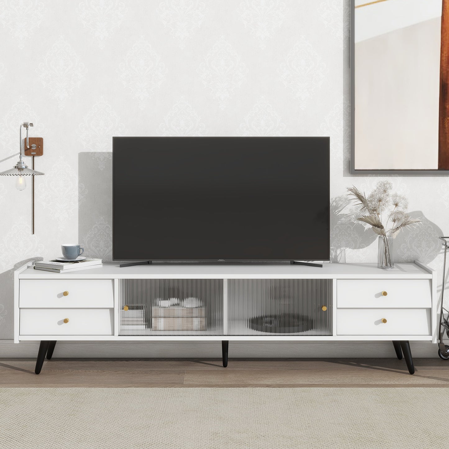 Contemporary White TV Stand with Sliding Glass Doors