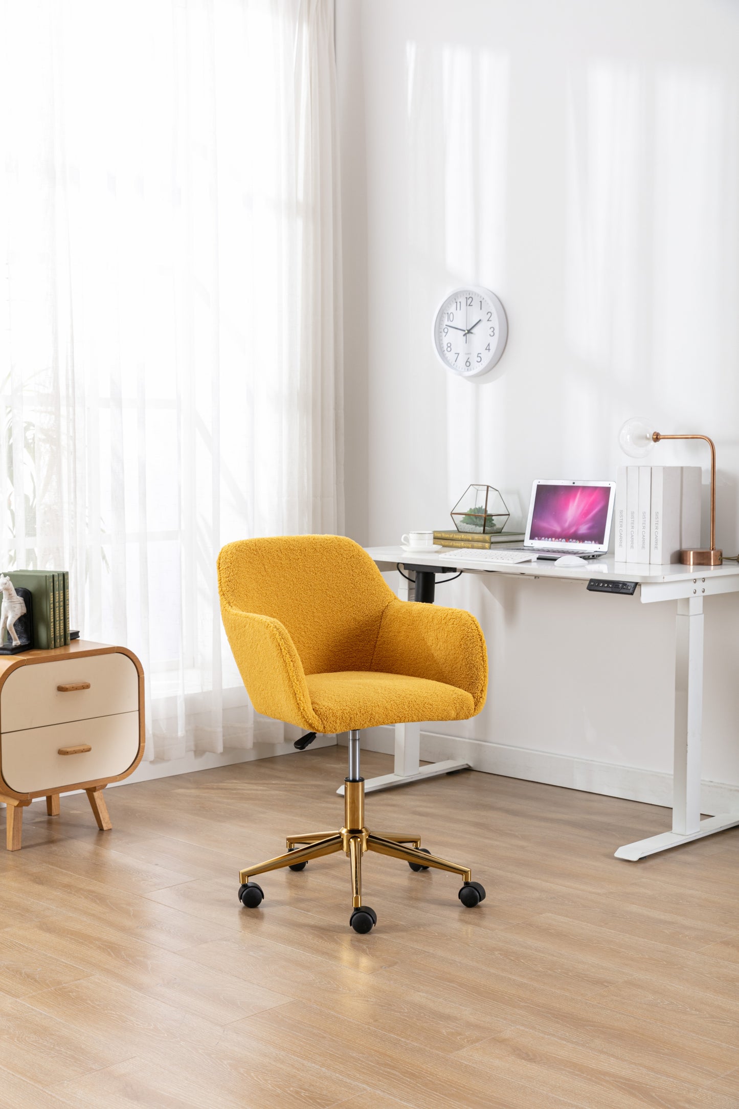 Modern Yellow Plush Fabric Home Office Chair with Wheels