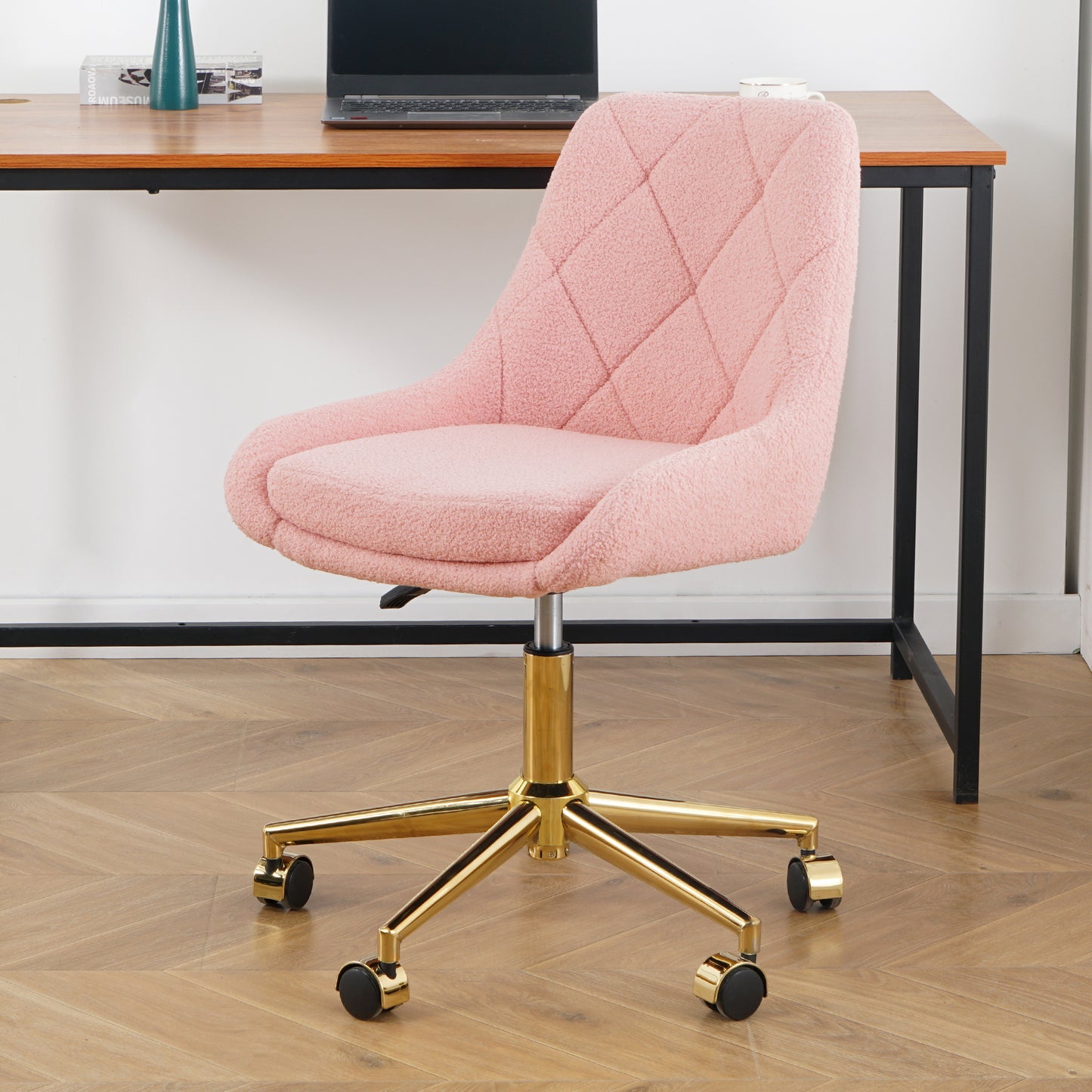 Plush Pink Tufted Office Chair with Gold Base