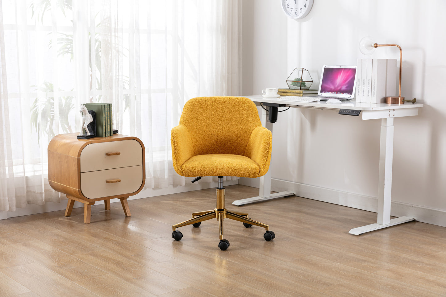 Modern Yellow Plush Fabric Home Office Chair with Wheels