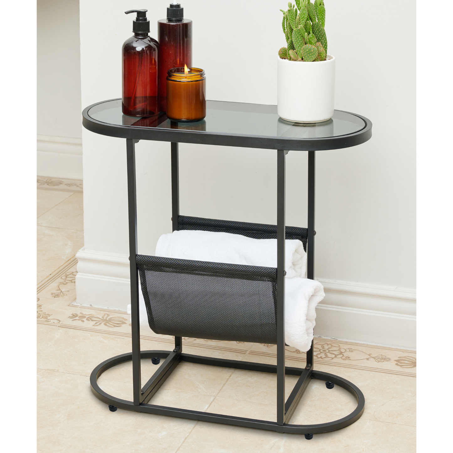 Glass Oval Small Side Tables with Magazines Organizer Storage Space (Set of 2)