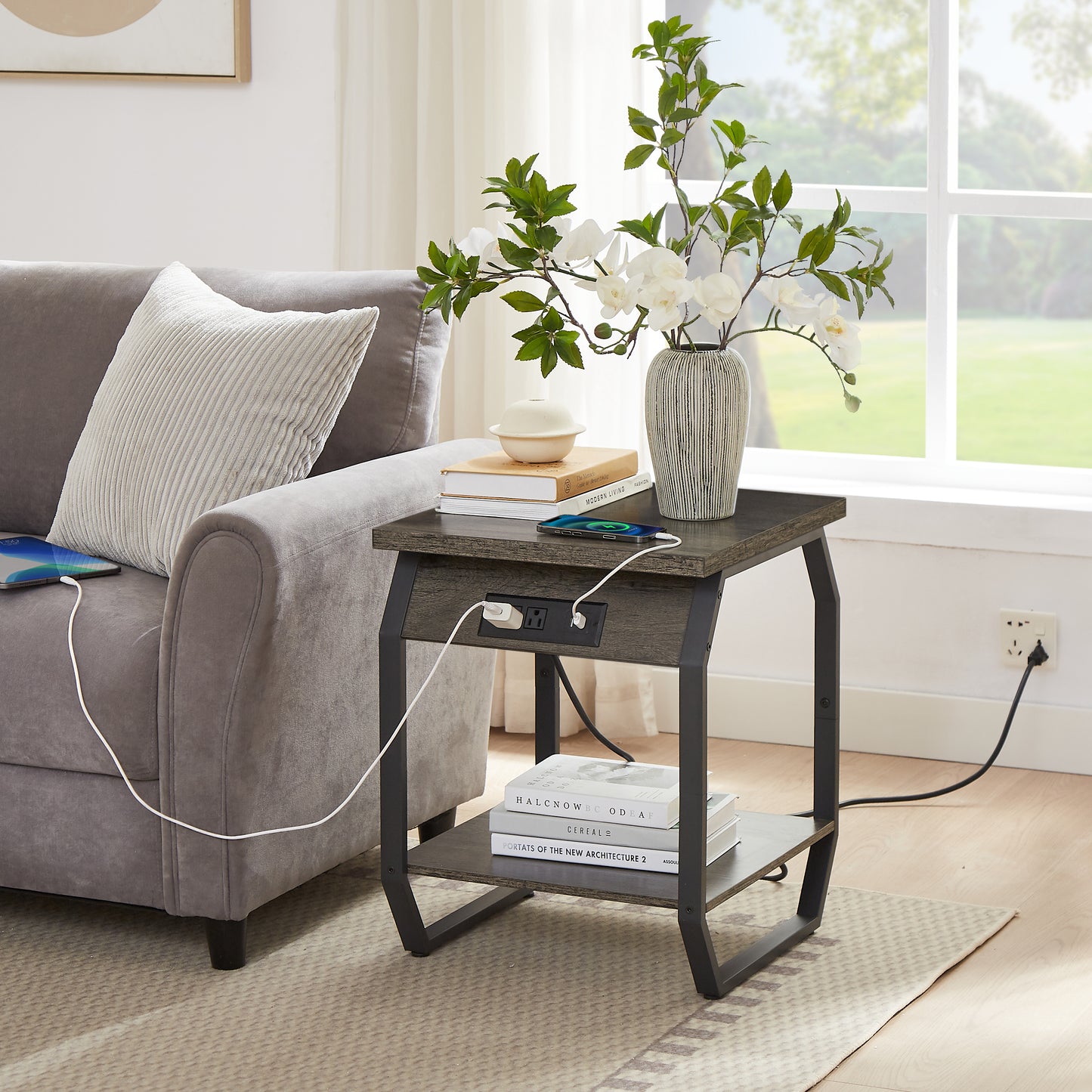 Side Table with Charging Station, Set of 2 End Tables