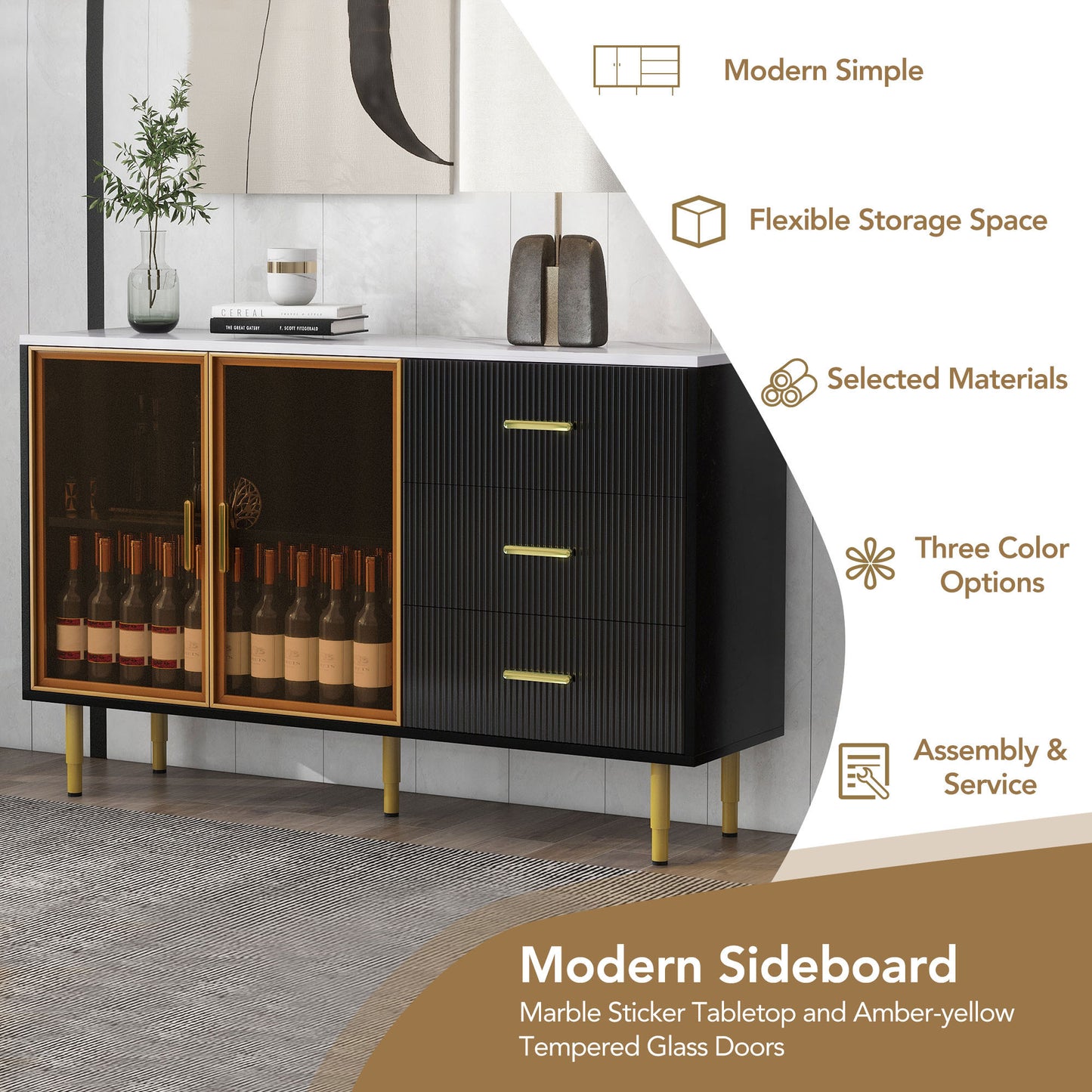 Contemporary Black and Gold Sideboard Buffet Cabinet