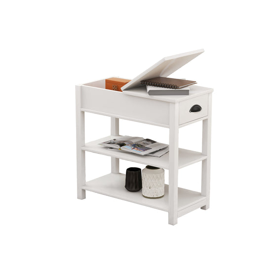 Narrow Side Table with Drawers and Flip-up Design, White