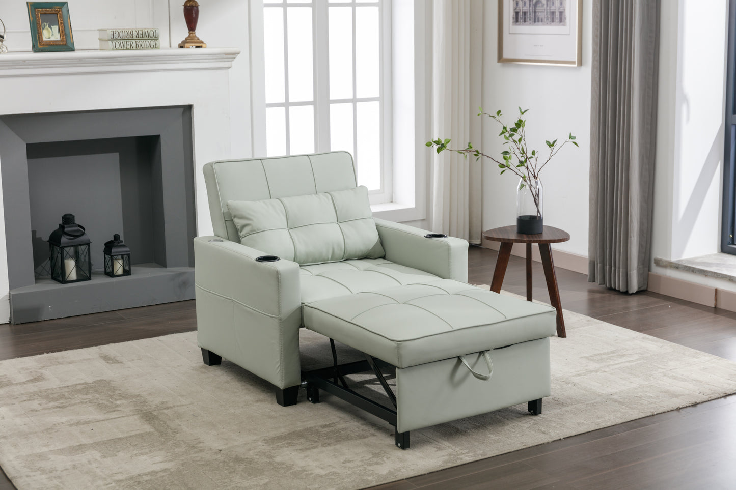 Green Leather Convertible Accent Chair 3-in-1 Pull Out Sleeper Chair with USB Ports