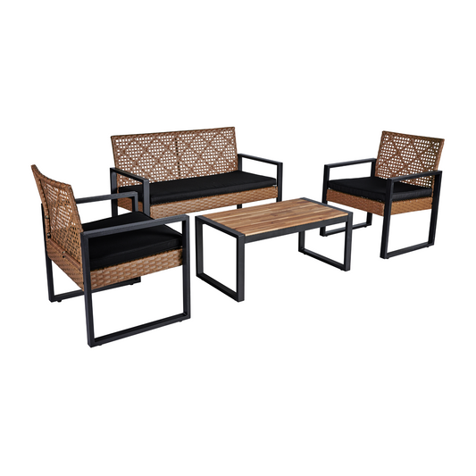 4-Piece Acacia Wood Table Top Outdoor Patio Set, Black and Light Brown