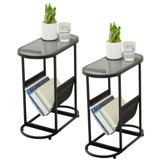 Glass Oval Small Side Tables with Magazines Organizer Storage Space (Set of 2)