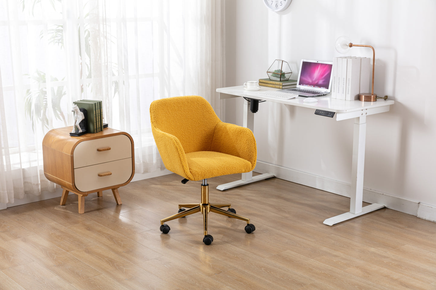 Modern Yellow Plush Fabric Home Office Chair with Wheels