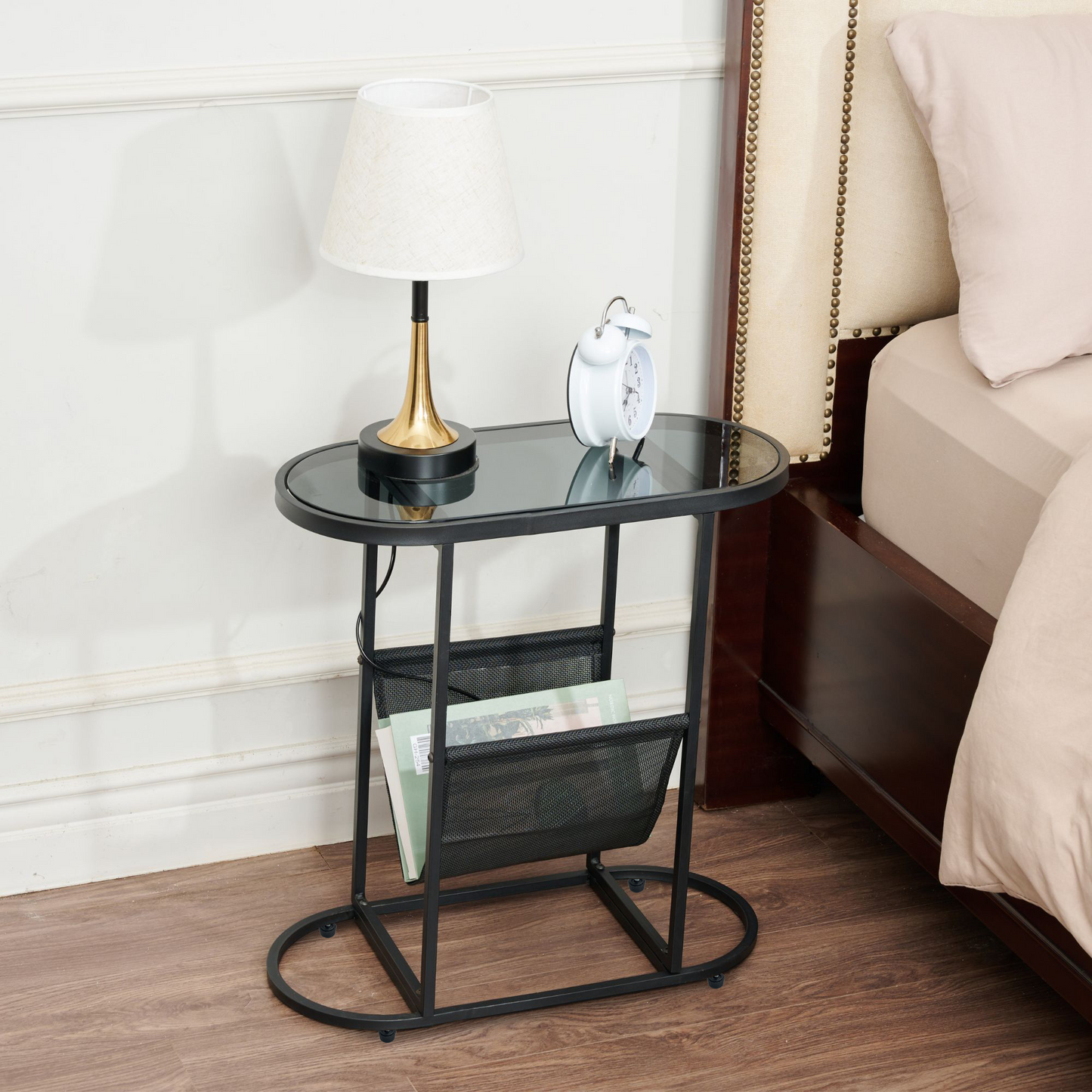 Glass Oval Small Side Tables with Magazines Organizer Storage Space (Set of 2)